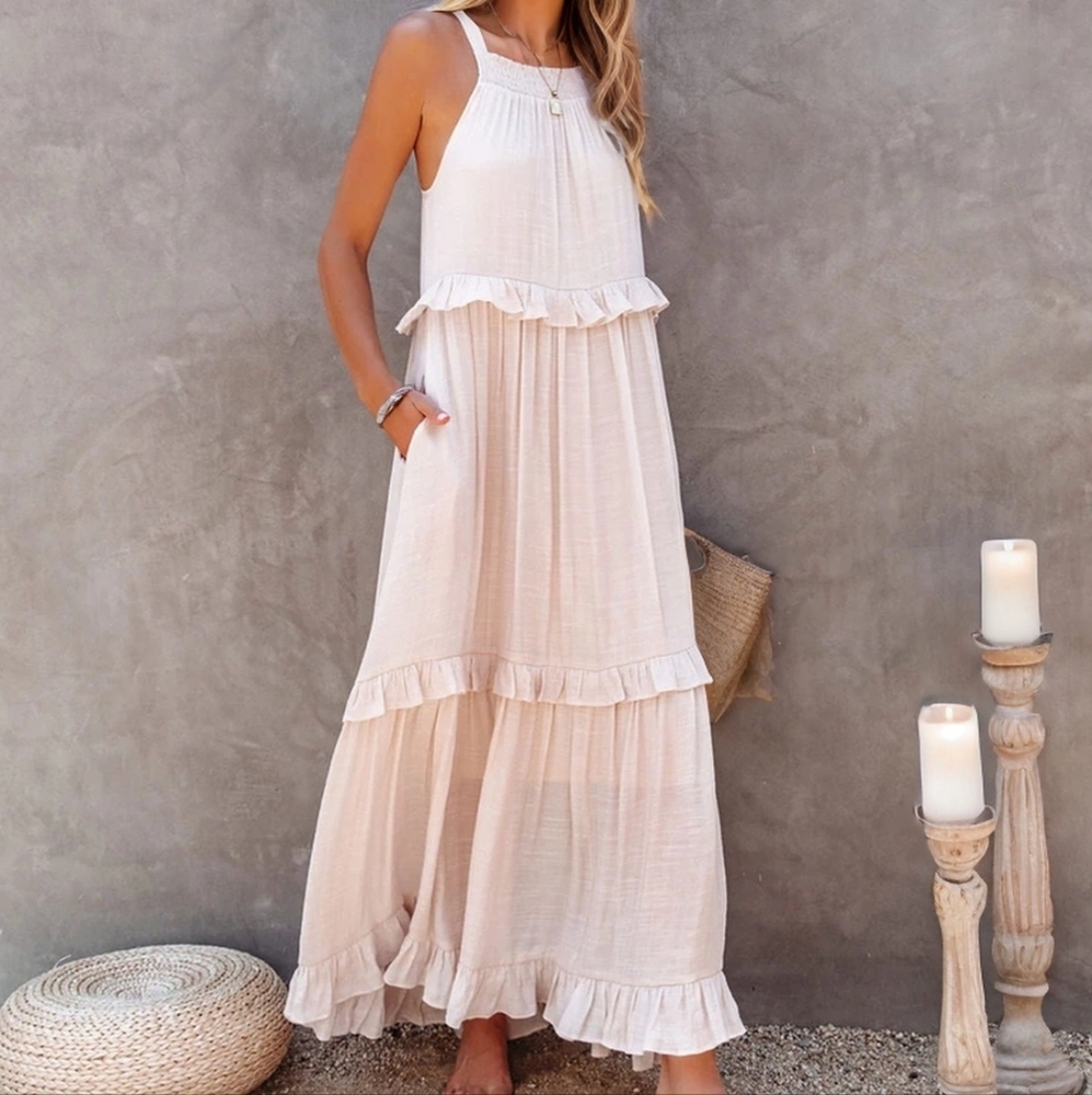 Green Ruffled Sleeveless Tiered Maxi Dress with Pockets - Picture 13 of 13